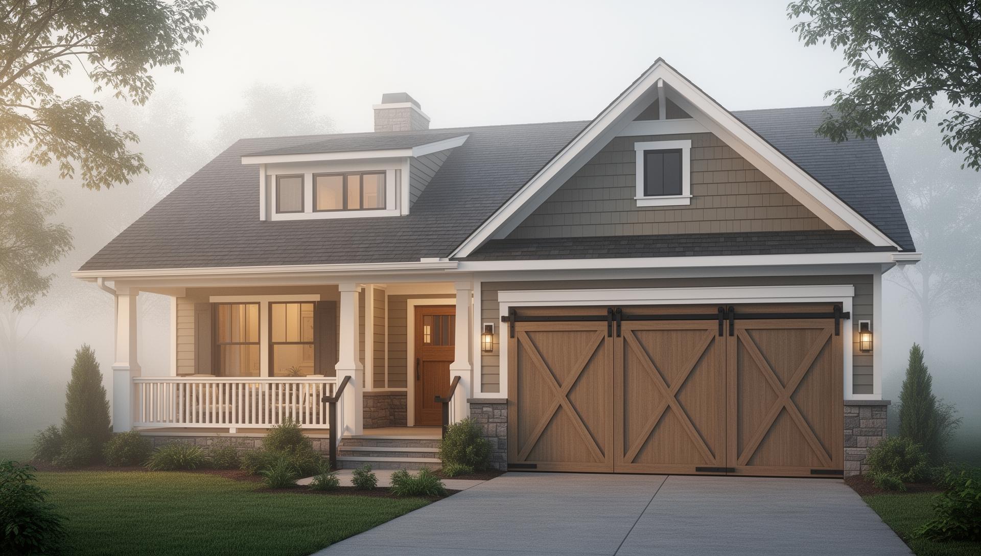 Beautiful craftsman home with farmhouse barn-style garage doors in Winthrop, Washington